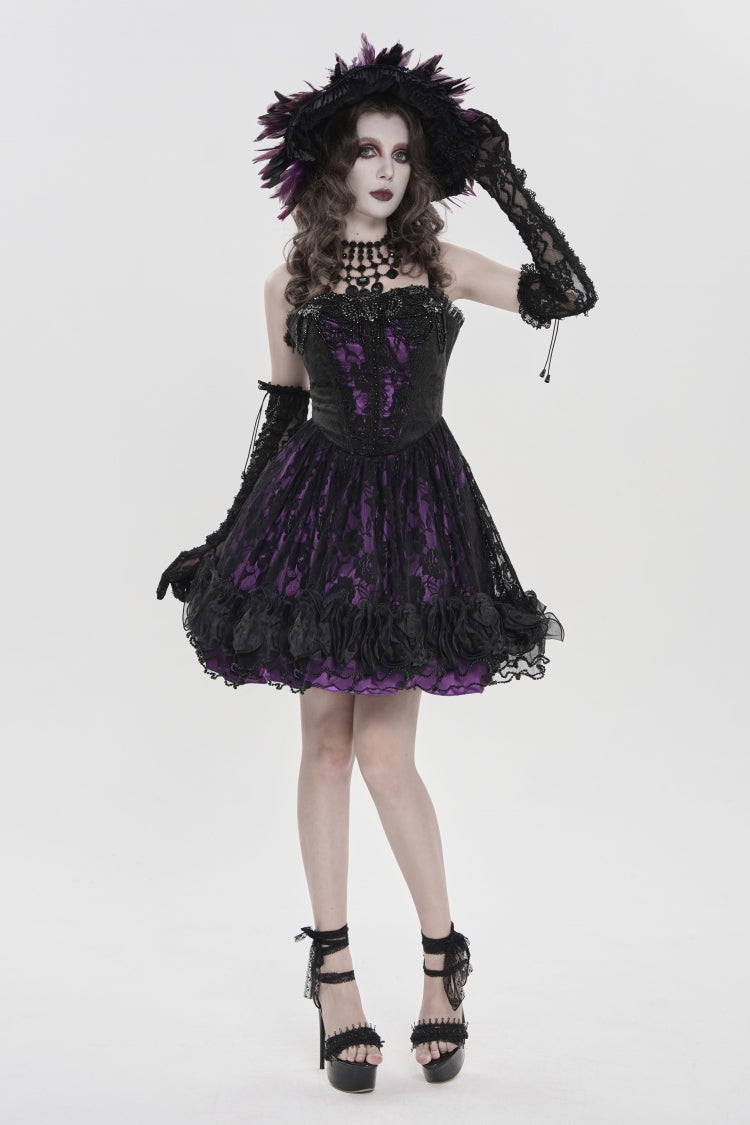 Black/Purple Off Shoulder Double-Layered Printed Cut-Out Lace Lace-Up Women's Gothic Jsk Dress