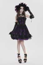 Black/Purple Off Shoulder Double-Layered Printed Cut-Out Lace Lace-Up Women's Gothic Jsk Dress