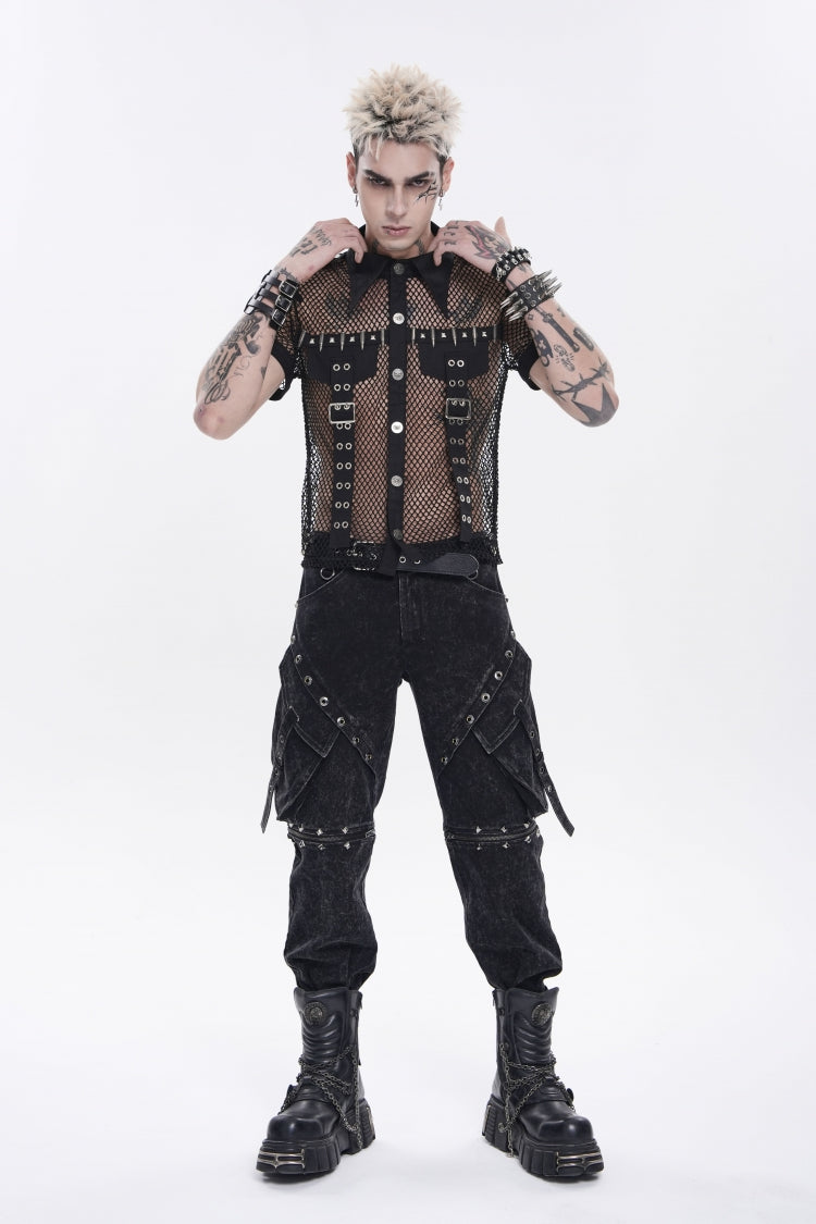 Black Lapel Collar Short Sleeves Cut-Out Spliced Sheer Mesh Studded Eyelet Men's Punk Small Pockets Cool Shirt