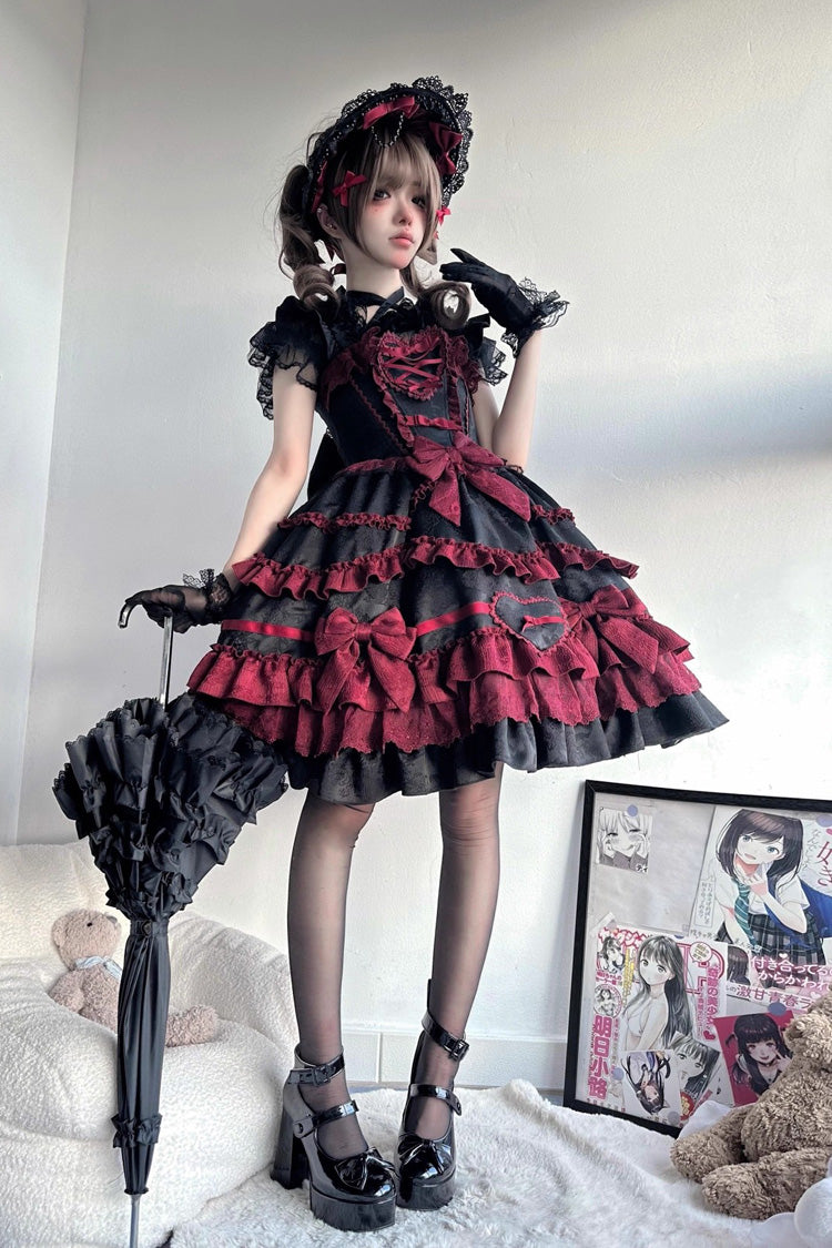 Black/Red [Super Cute Belia] Sleeveless Triple-Layered Ruffle Bowknot Lace Gothic Elegant Lolita Jsk Dress