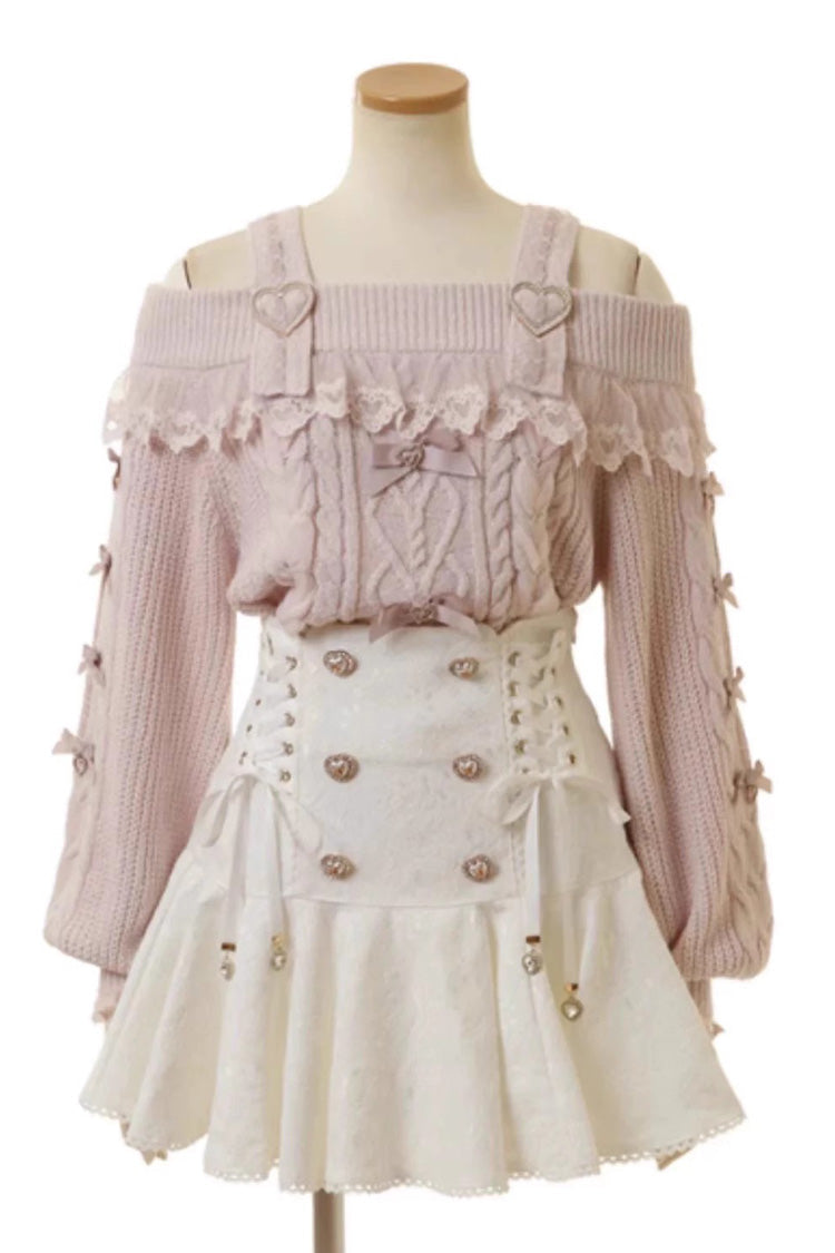 White Japanese Bowknot Double Breasted  Lace-Up Sweet Jirai Kei Skirt