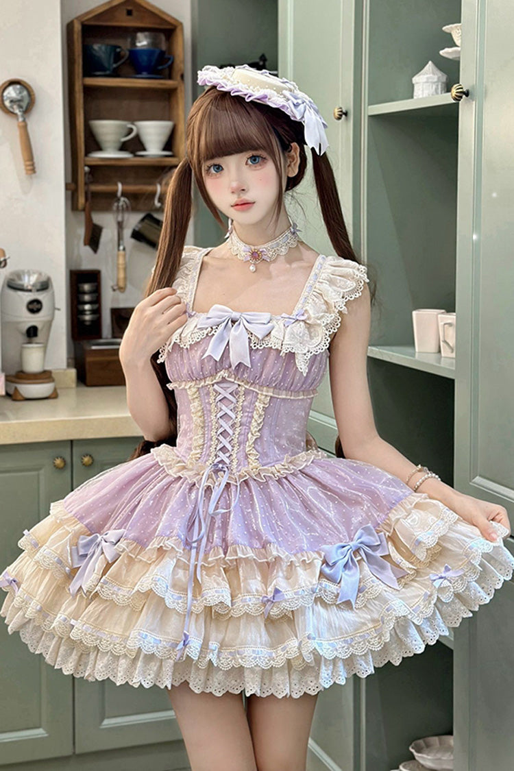 Purple [Flory Butterfly] Double-Layered Ruffle Bowknot Lace Lace-Up Sweet Ballet Lolita Jsk Dress