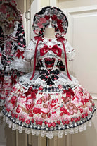 Red/Black [Sweet Berry Bunny Bear] Printed Bow Lace Lace-Up Sweet Lolita Jsk Dress