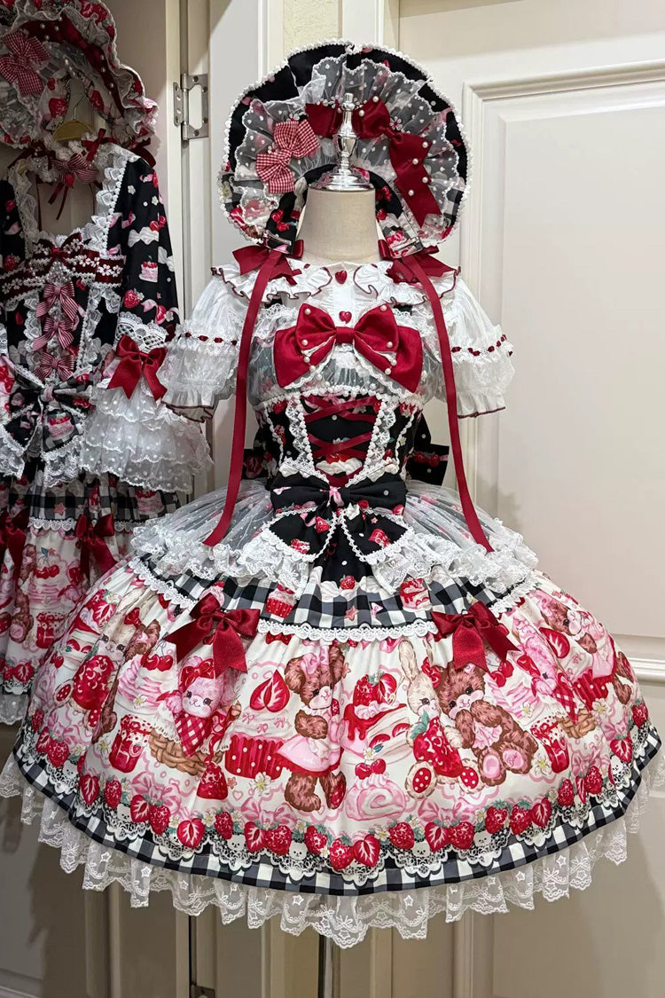 Red/Black [Sweet Berry Bunny Bear] Printed Bow Lace Lace-Up Sweet Lolita Jsk Dress