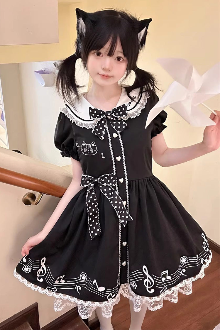 Black [Melody Kitty] Doll Collar Short Sleeves Ruffled Embroidered Bow Lace Sweet Lolita Dress