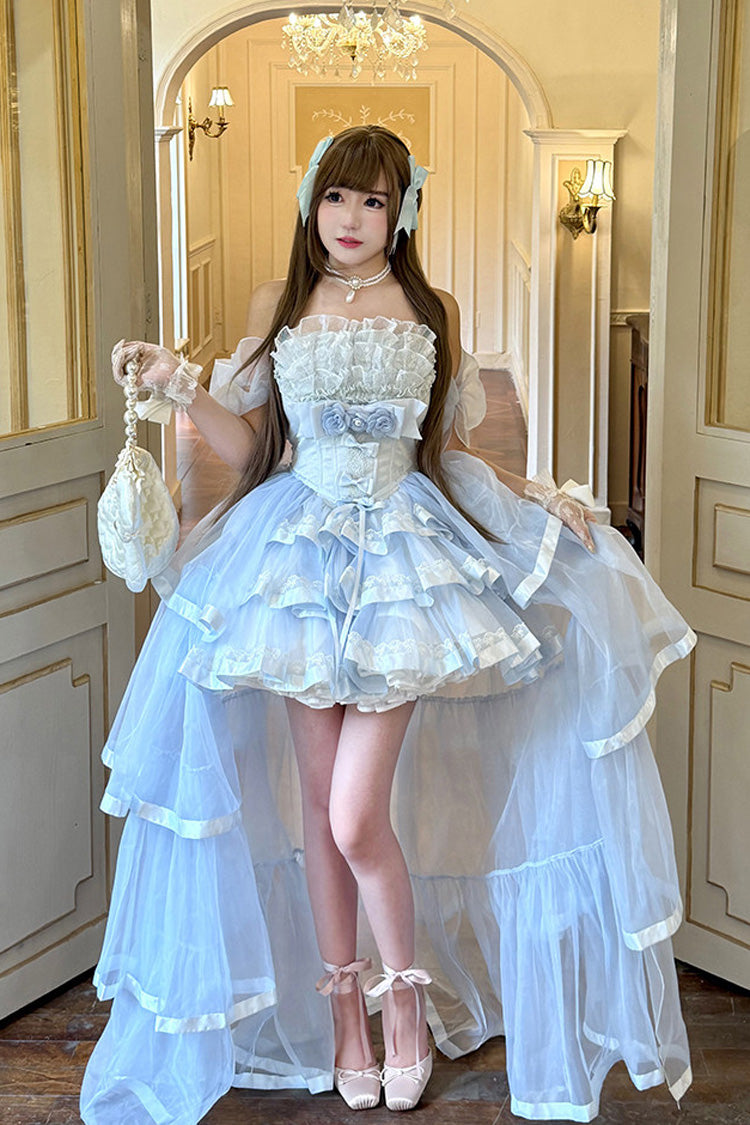Blue [Mousse Love Song] Off Shoulder Sleeveless Triple-Layered Ruffled Hanayome Bow Sweet Elegant Ballet Lolita Short Dress Set