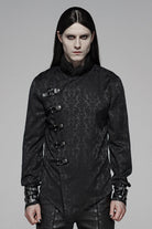 Black Stand Collar Long Sleeves Print Buckle Men's Punk Blouse