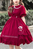 Red Doll Collar Lantern Sleeves Ruffled Strawberry Embroidered Sweet Lolita Dress