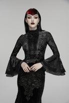 Black Stand Collar Long Trumpet Sleeves Jacquard Printed Lace Lace-Up Slim Pearl-Decorated Women's Gothic Palace Blouse
