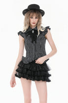 Black/White Vertical Striped Turn-down Collar Ruffled Women's Gothic Blouse with Detachable Tie