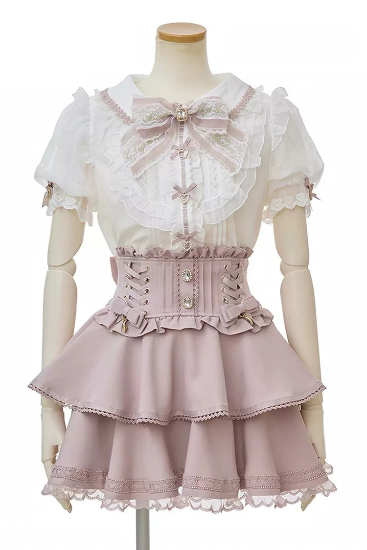 Japanese Lapel Collar Short Sleeves Ruffled Embroidered Bow Lace Plus Size Sweet Jirai Kei Skirt Set 3 Colors