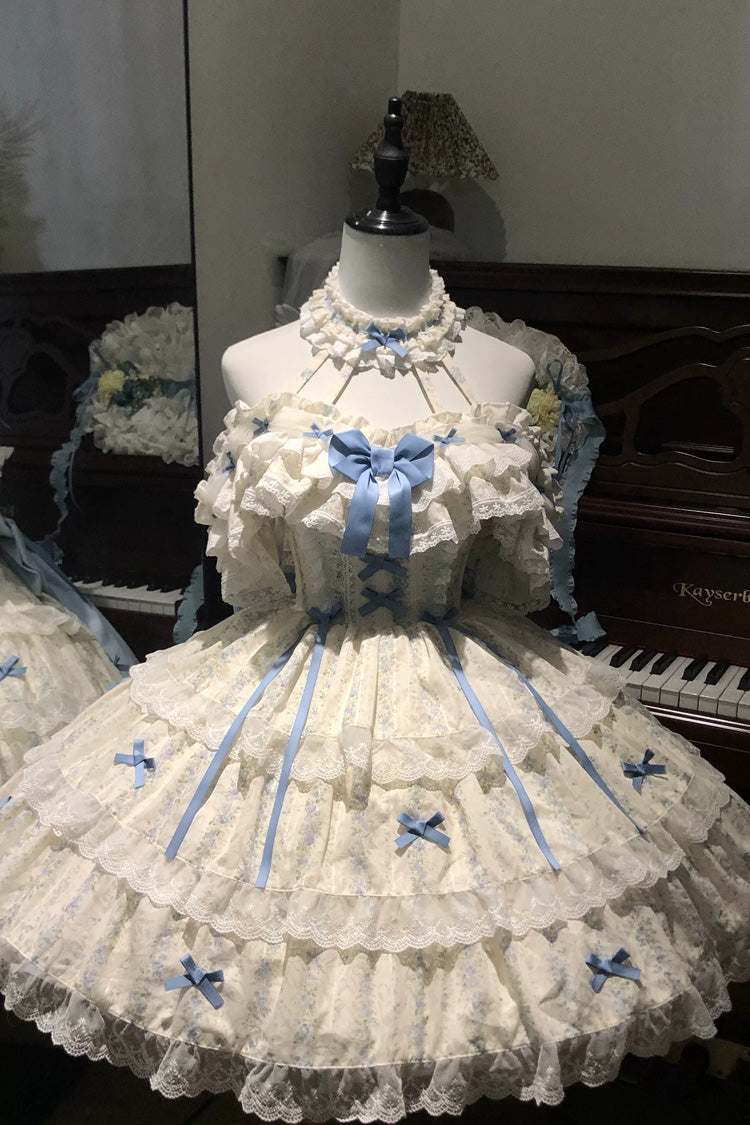 Blue/Ivory Halterneck Sleeveless Triple-Layered Floral Printed Ruffled Bow Lace Sweet Lolita Jsk Dress Set