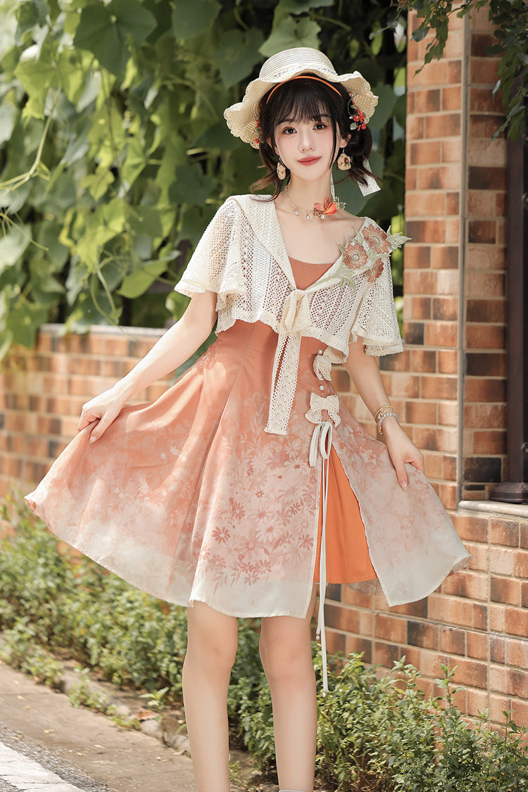Orange Square Collar Sleeveless Chrysanthemum Printed Bow Lace-Up Asymmetric Sweet Chinese Inspired Lolita Jsk Dress Set