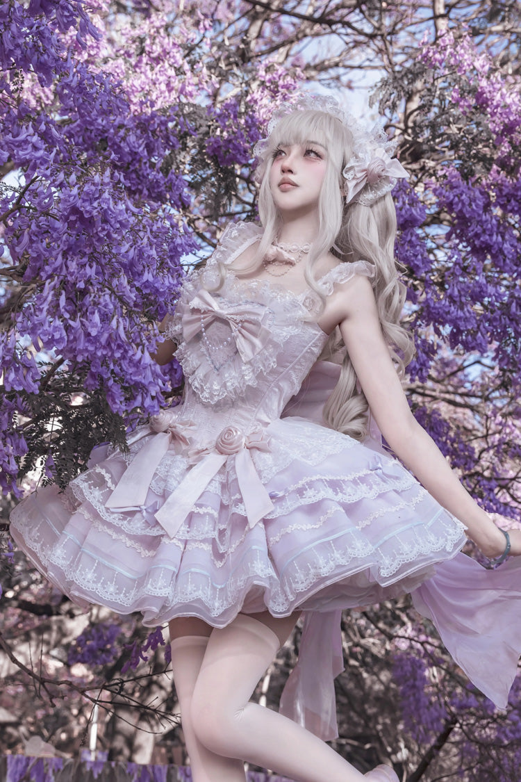 Purple [Crystal Isle] Square Collar Sleeveless Multi-Layered Jacquard Ruffled Bow Sweet Balletcore Lolita Tiered Dress