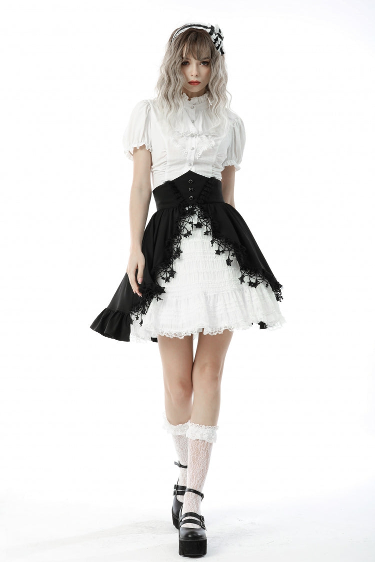 White Short Puff Sleeves Ruffled Neckline Lace Lace-Up Women's Gothic Blouse