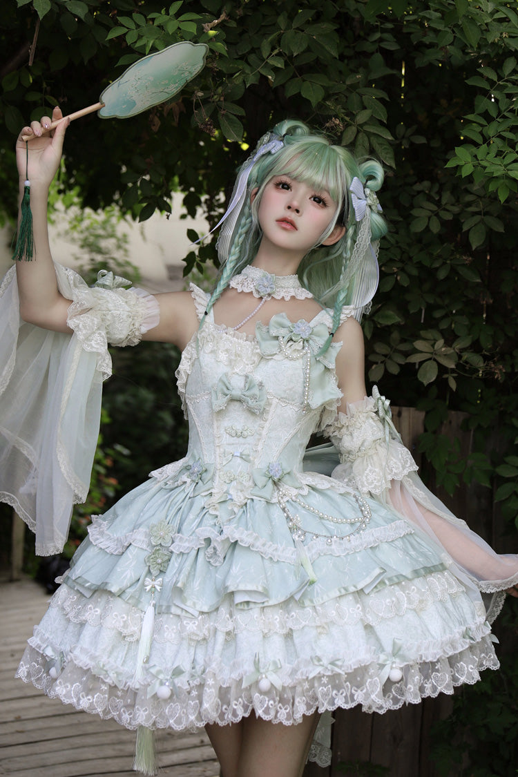 Green [Prelude of Spring Cherry] Square Collar Sleeveless Multi-Layered Jacquard Ruffled Bow Lace Pearl-Decorated Sweet Lolita Jsk Dress