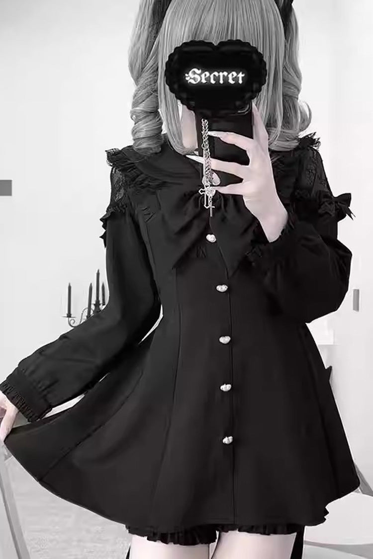 Black [Night Glaze] Long Short Sleeves Ruffled Bow Gothic Plus Size Jirai Kei Dress and Shorts Set