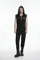 Black Spliced Lace-Up Hooded Studded Men's Punk Cool Vest