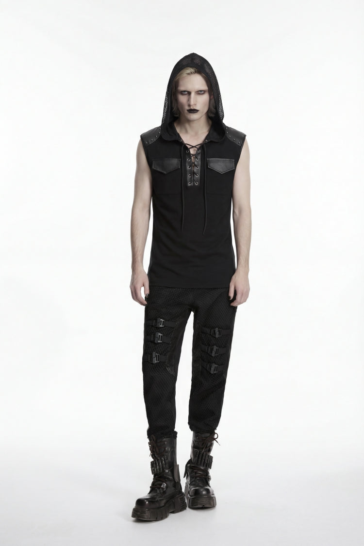 Black Spliced Lace-Up Hooded Studded Men's Punk Cool Vest