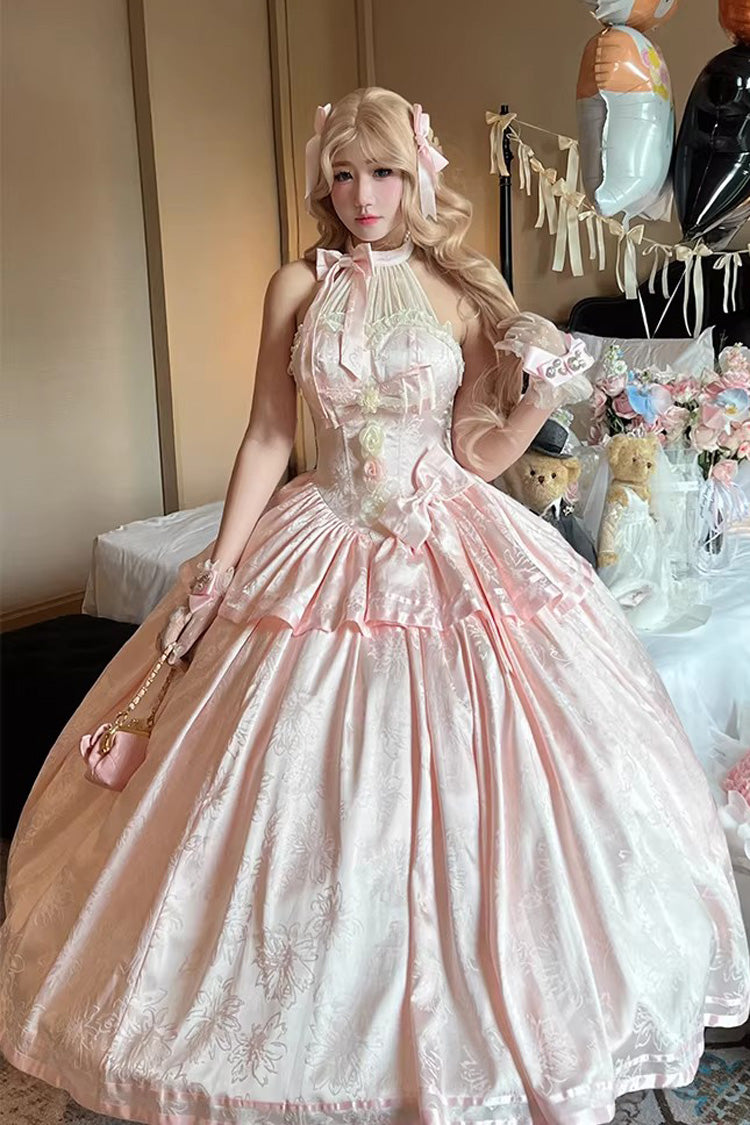 Pink [Softly Into Dreams] Halterneck Sleeveless Double-Layered Printed Ruffled Bow Lace Sweet Elegant Princess Gorgeous Lolita Jsk Long Dress