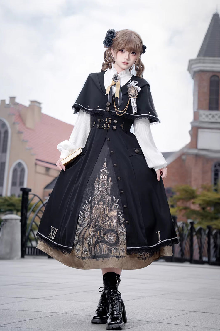 Black [Dragon’s Aria] Long Sleeves Printed Embroidered College Style Gothic Vintage Lolita Dress Three-Piece Set