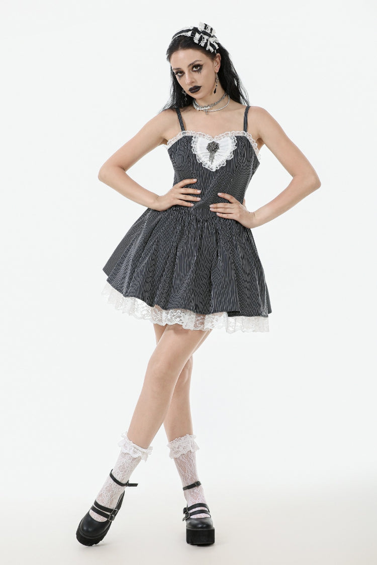 Black/White Pinstriped Sleeveless Lace Lace-Up Women's Gothic Lolita Slip Dress Graduation Dress