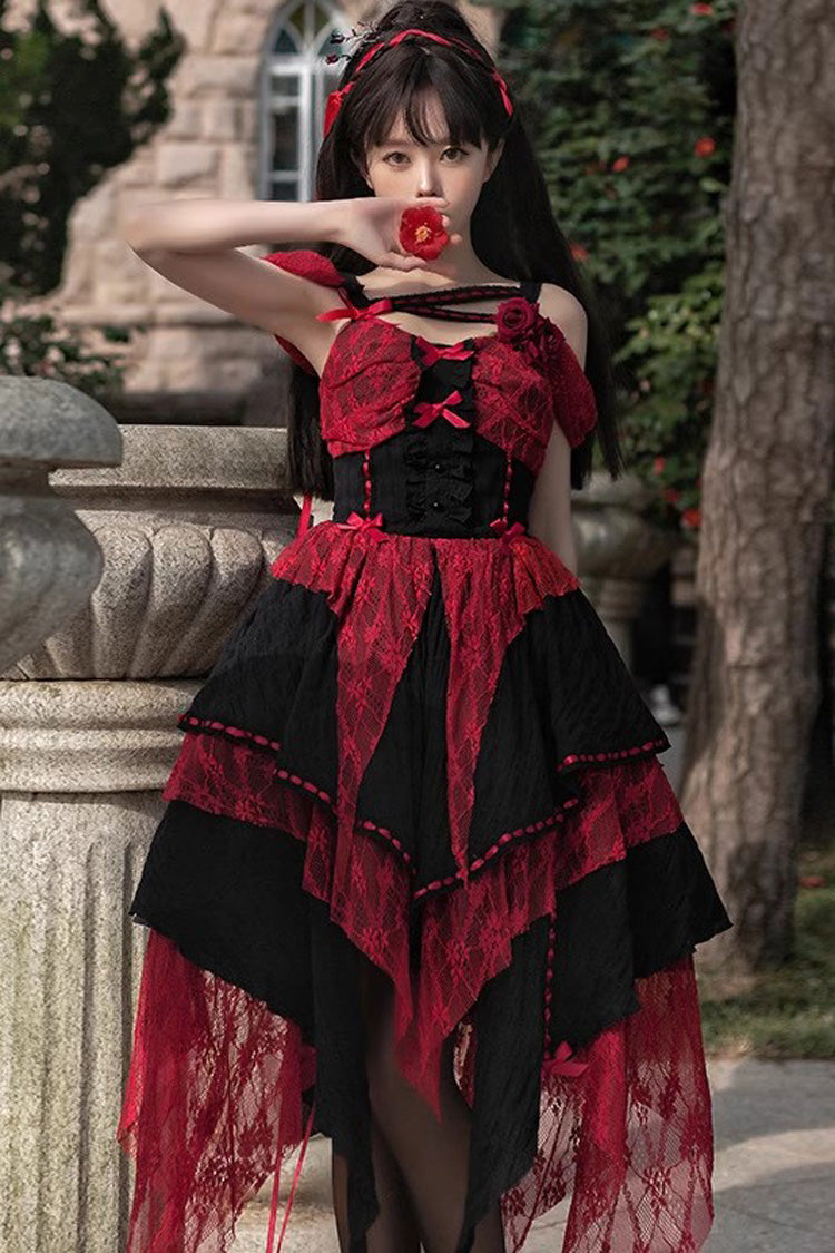 Red/Black Sleeveless High Waisted Print Irregular Gothic Lolita Jsk Dress