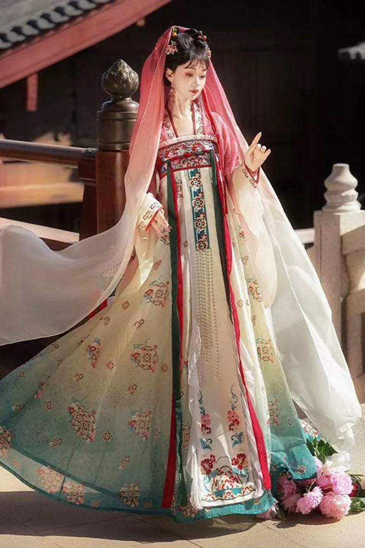 Pink/Blue High Waisted Print Embroidery Women's Classic Hanfu Dress Full Set