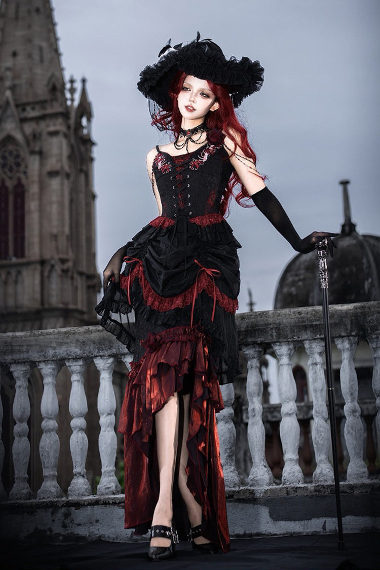 Black/Red [Rotten Bone Flower] Sleeveless Ruffled Embroidered Lace-Up Gothic Lolita Skirt Dress Set