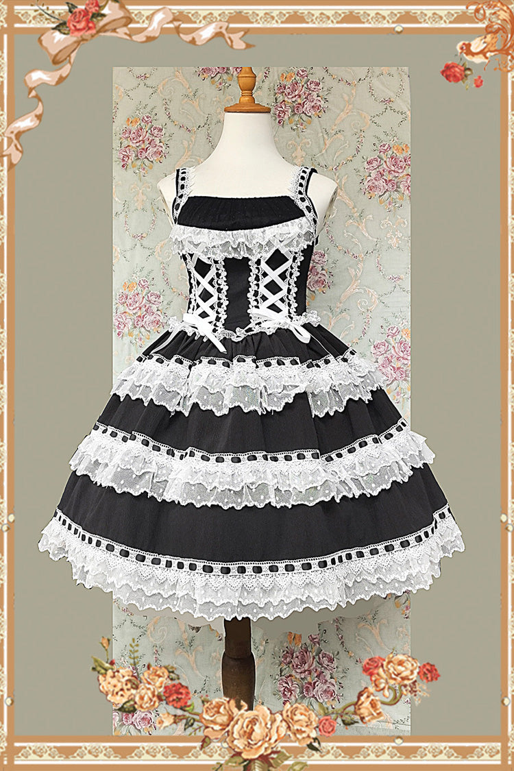 Black/White [Doll in the Mirror] Square Collar Sleeveless Ruffled Lace-Up Sweet Lolita Jsk Dress