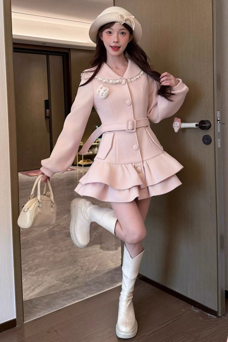 Pink [Berry Champagne] Doll Collar Long Sleeves Double-Layered Ruffled Sweet Princess Lolita Wool-blend Coat