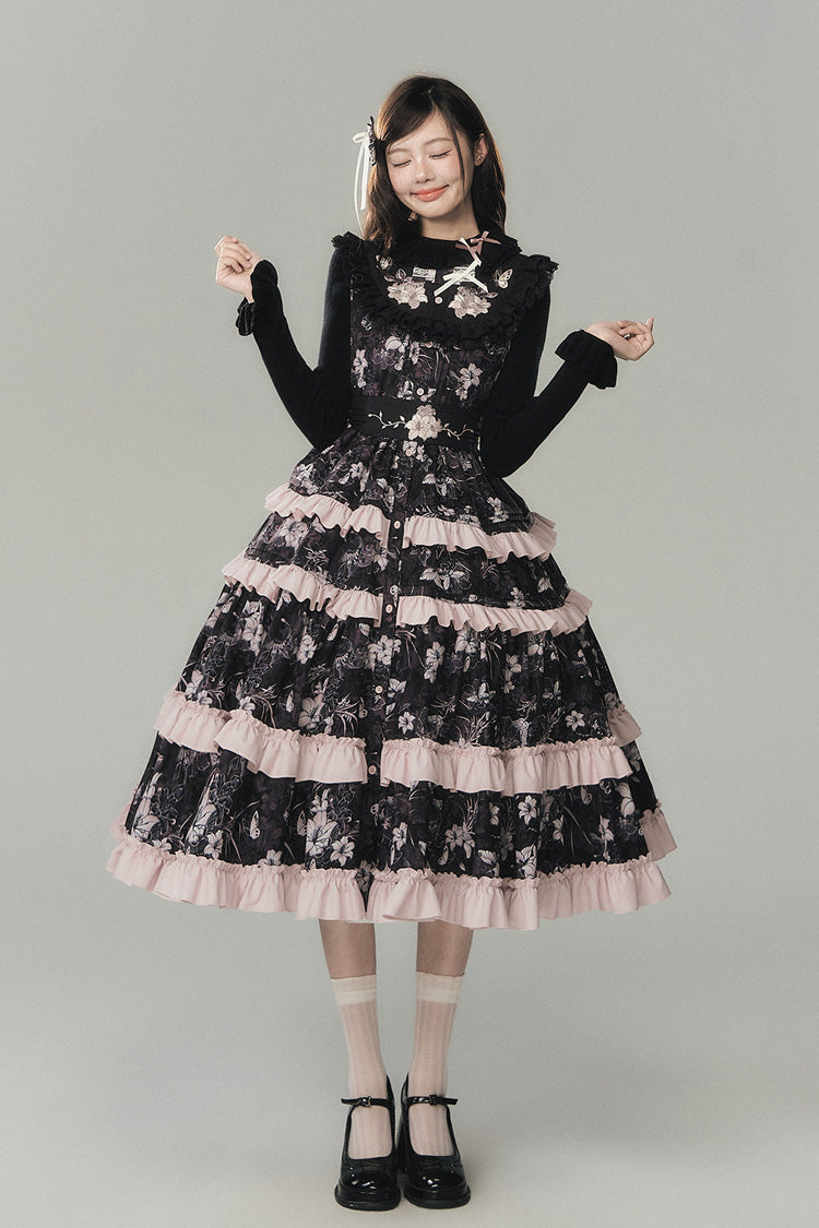 Black [Sacred Heart Lily] Round Collar Sleeveless Multi-Layered Printed Ruffled Embroidered Sweet Chinese Inspired Lolita Jumper Dress