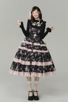 Black [Sacred Heart Lily] Round Collar Sleeveless Multi-Layered Printed Ruffled Embroidered Sweet Chinese Inspired Lolita Jumper Dress