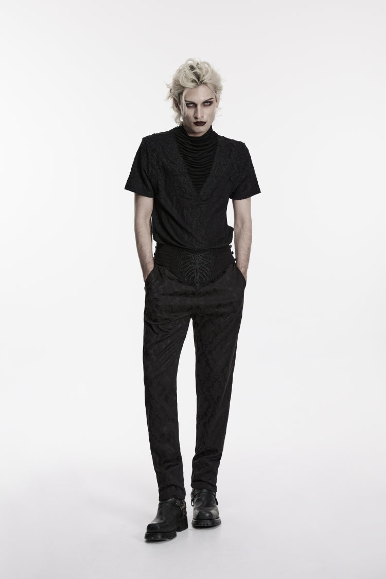 Black Embroidered Slim Pleated Men's Gothic Pants