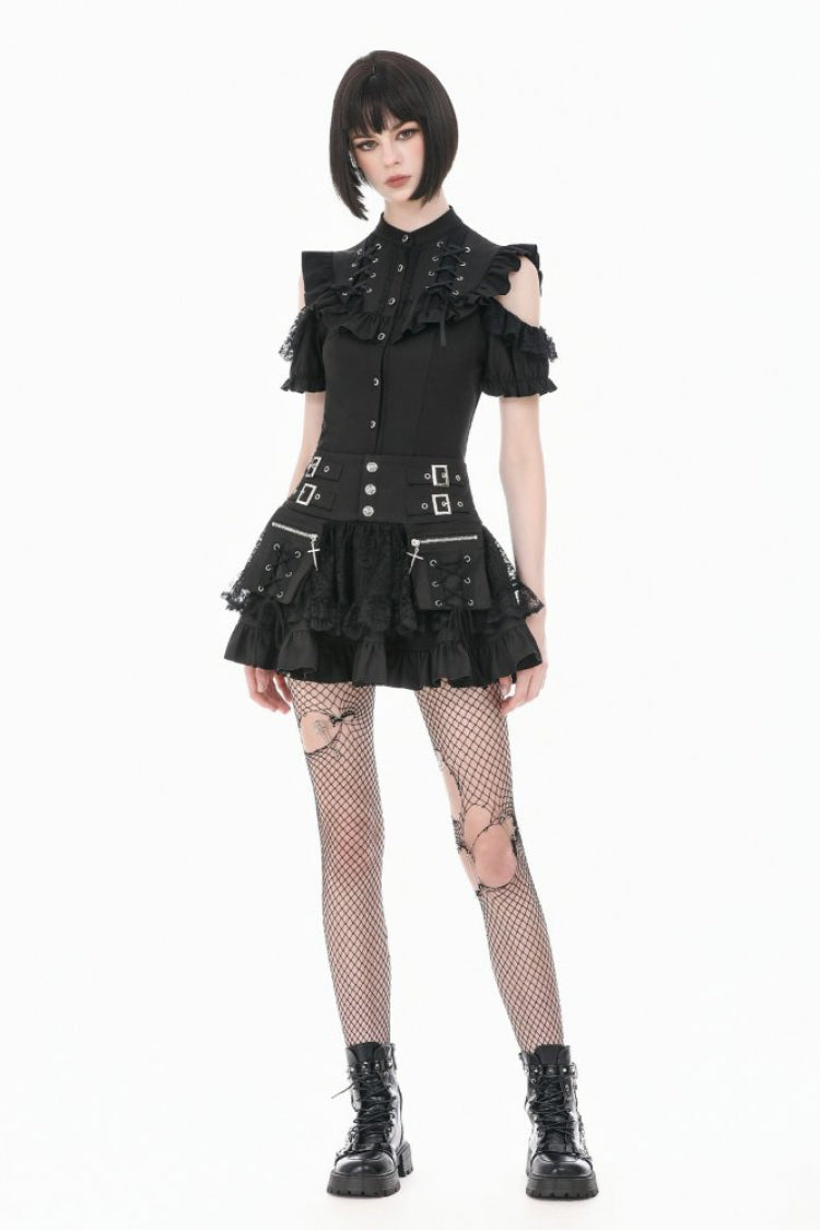 Black Mandarin Collar Cold‑Shoulder Puff Sleeves Ruffled Cut-Out Lace-Up Women's Gothic Blouse