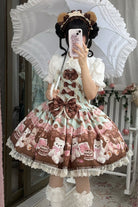 [Chocolate Brownie] Sleeveless Printed Ruffled Bow Lace Sweet Lolita Strap Dress 2 Colors