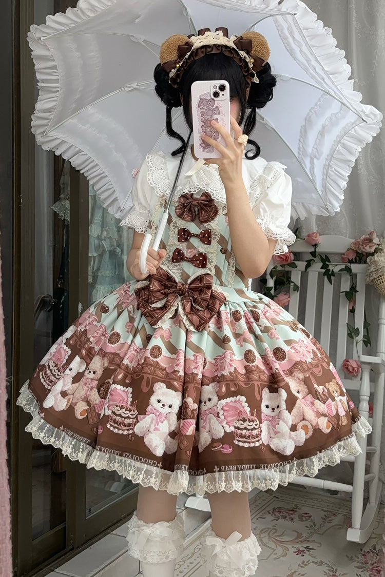 [Chocolate Brownie] Sleeveless Printed Ruffled Bow Lace Sweet Lolita Strap Dress 2 Colors