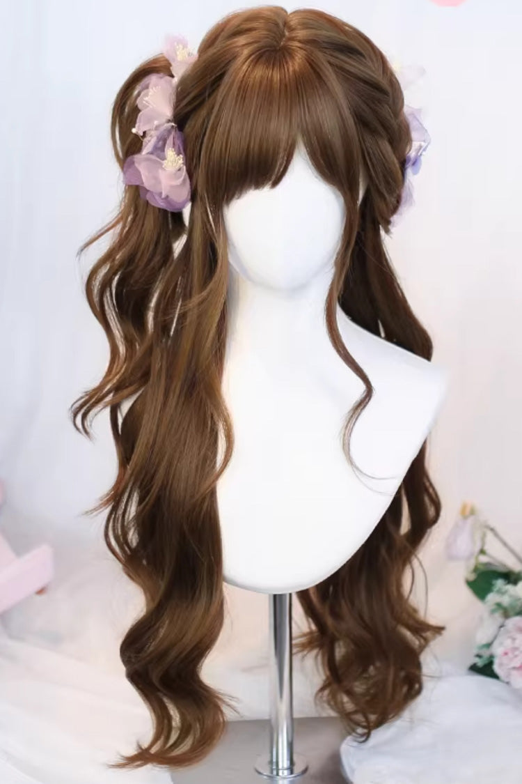 Warm Brown Japanese Lazy Vibe Long Wavy Sweet Lolita Wig with Light Airy Bangs