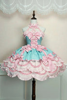 Pink/Green [Sweetheart Petals] Halterneck Sleeveless Multi-Layered Jacquard Ruffled Bow Pearl Detail Sweet Lolita Jsk Dress