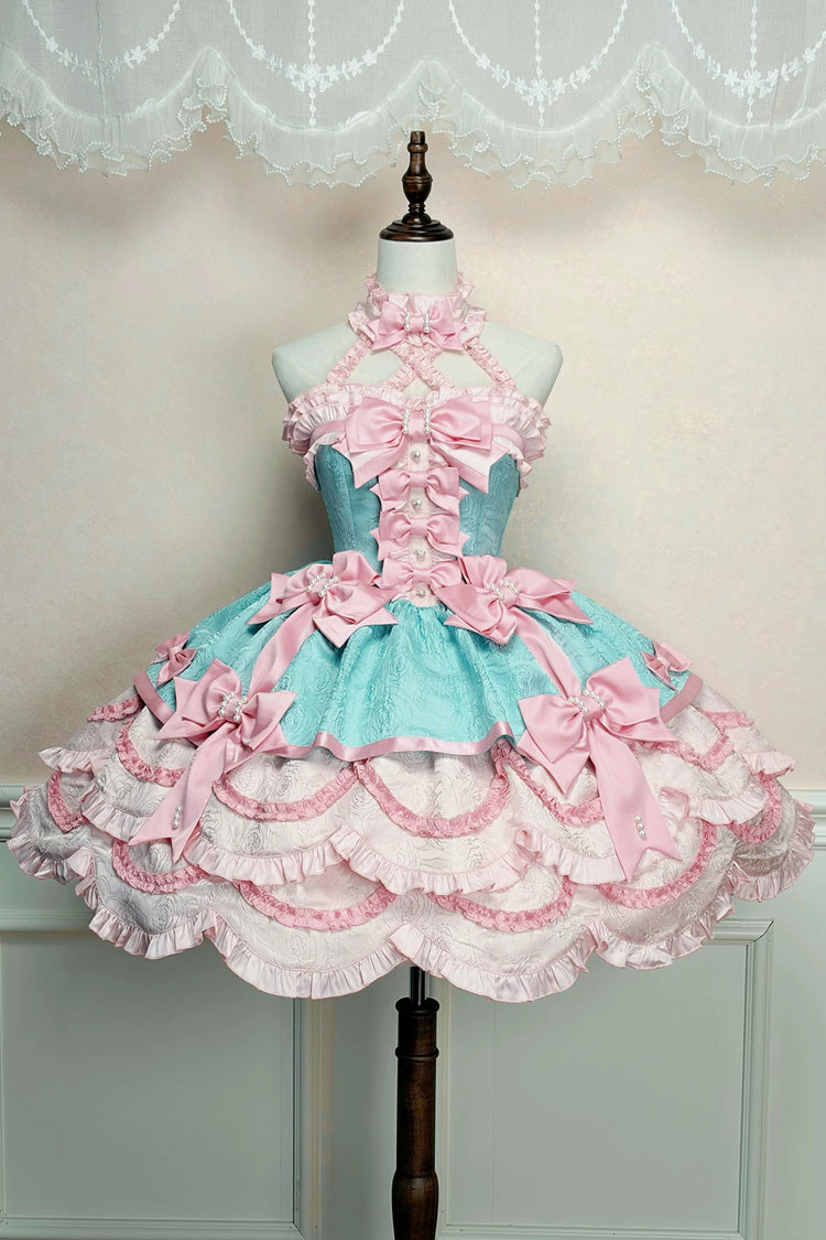 Pink/Green [Sweetheart Petals] Halterneck Sleeveless Multi-Layered Jacquard Ruffled Bow Pearl Detail Sweet Lolita Jsk Dress