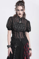 Black Stand Collar Short Puff Sleeves Sheer Mesh Women's Gothic Blouse