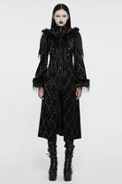 Black Stand Collar Long Sleeves Jacquard Print Stitching Hooded Women's Gothic Coat