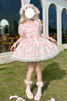 Pink Sheep's Party Print Bowknot Stitching Lace Sweet Lolita Strap Dress