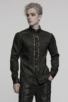 Black Lapel Collar Long Sleeves Stitching Pin Mesh Men's Punk Blouse