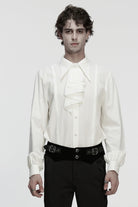 White Lapel Collar Long Puff Sleeves Men's Gothic Blouse with Detachable Necktie White