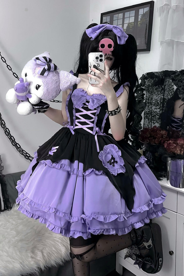 Black/Purple [Halloween Little Witch] Sleeveless Double-Layered Ruffle Bowknot Lace-Up Gothic Lolita Jsk Dress