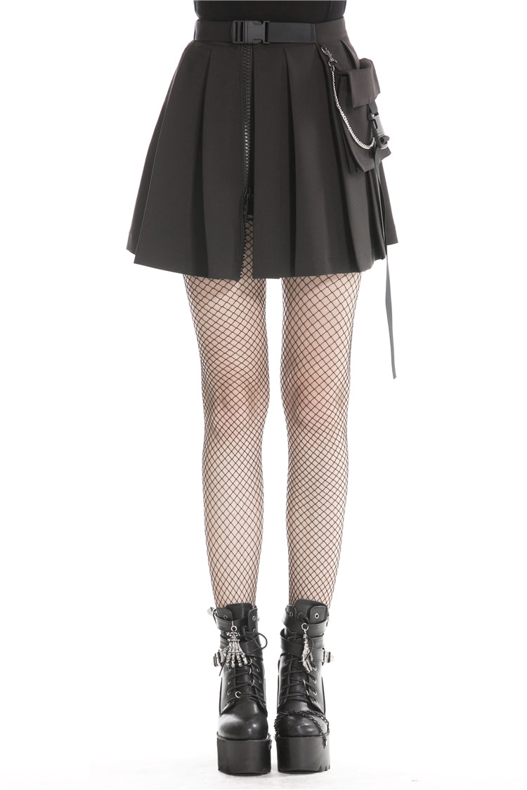 Black Zippered Pleated Women's Punk Casual Mini Skirt with Side Bag