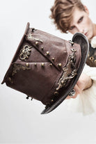 Brown Medium Top Leather Metal Stud Decorated Men's Gothic Hat