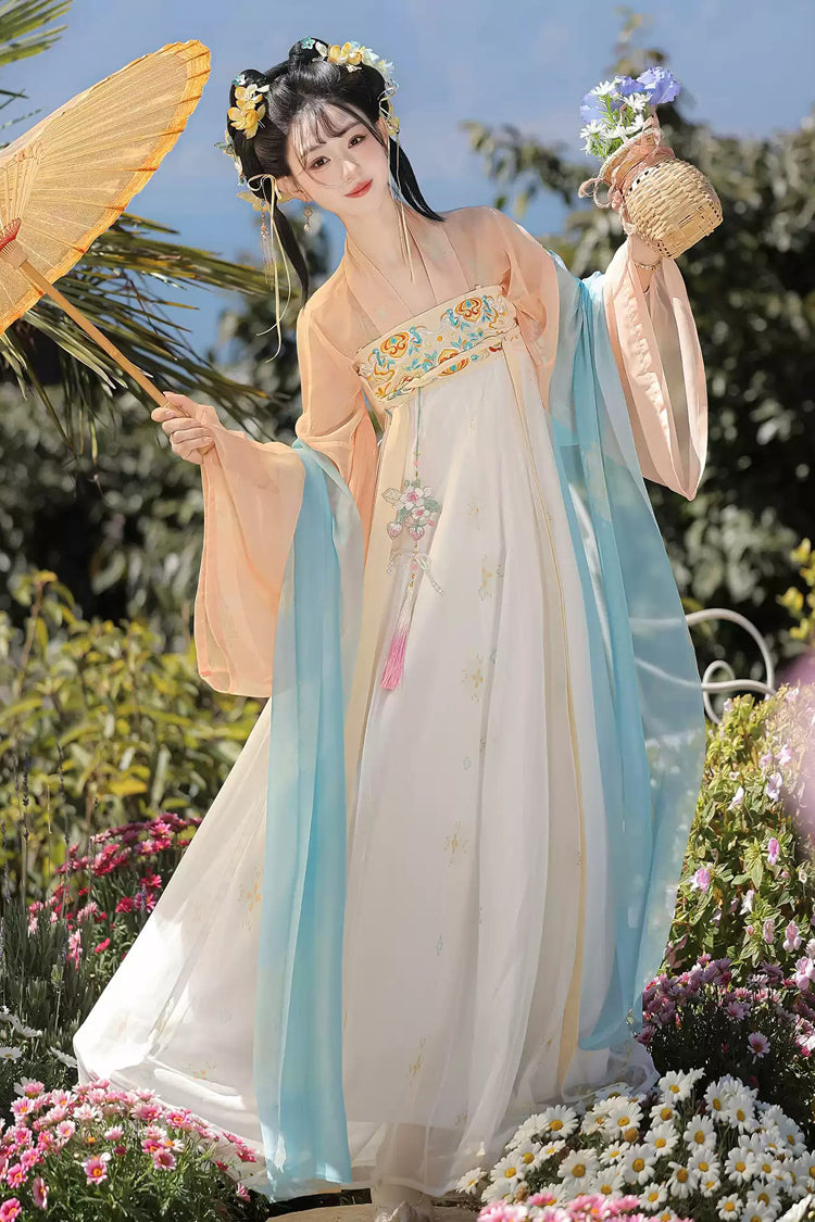 Orange/Apricot [Spring Fills the Garden] High Waisted Printed Embroidered Women's Sweet Chinese Style Hanfu Dress Set