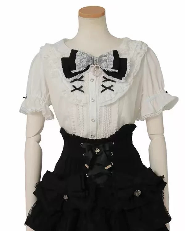 Sweet Short Sleeves Jacquard Ruffled Bow Lolita Blouse 3 Colors